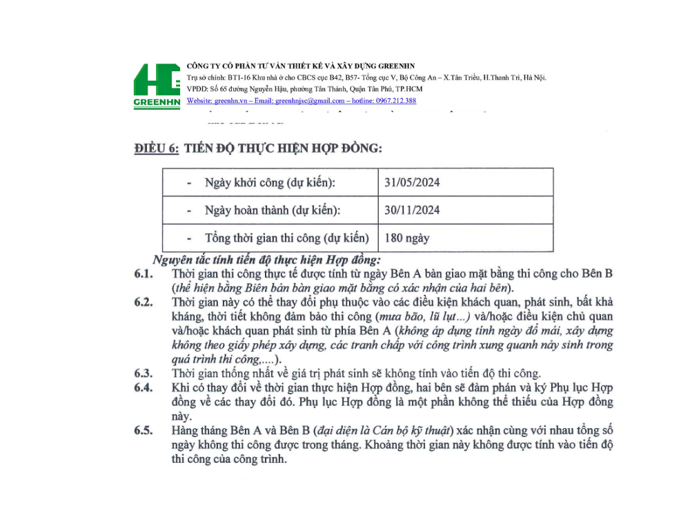 Điều khoản cam kết tiến độ xây dựng - Hợp đồng xây nhà trọn gói chìa khóa trao tay GreenHN