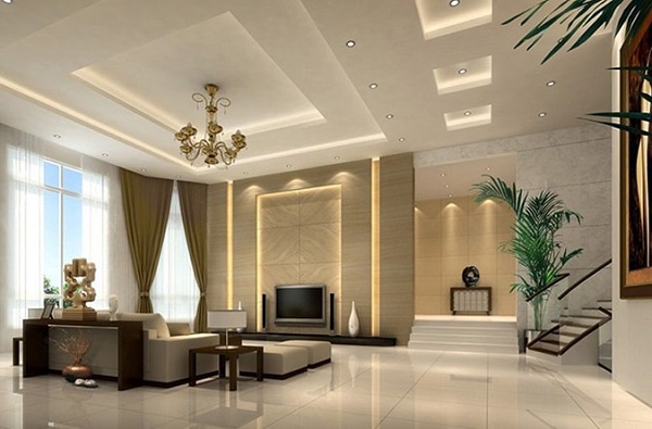 Mẫu trần thạch cao phòng khách được thiết kế đơn giản kết hợp với hệ thống đèn chiếu sáng tạo nên không gian sống tinh tế và nhẹ nhàng