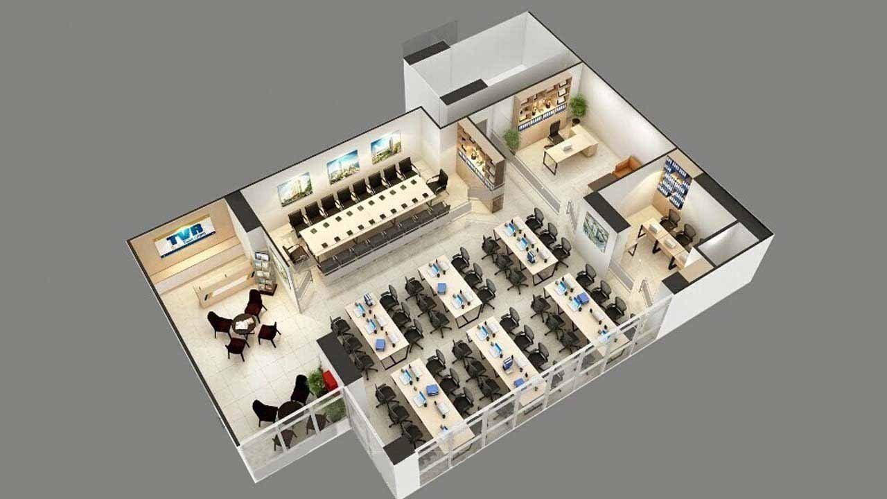 Mặt bằng công năng 1 tầng của mẫu văn phòng cho thuê chỗ ngồi hoặc chia phòng