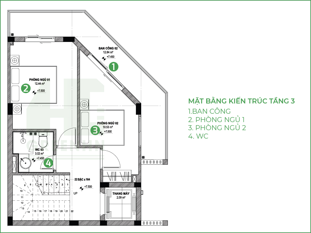 Mặt bằng kiến trúc tầng 3 anh Tiến Hải Dương