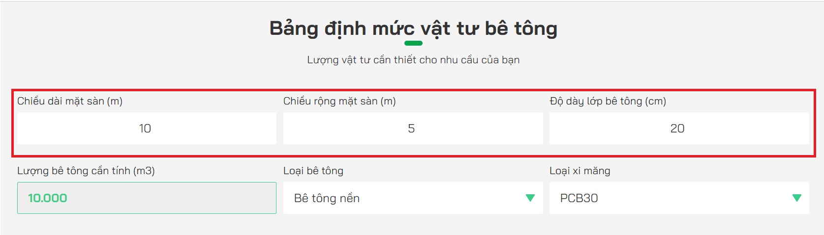 Khối lượng bê tông cần dùng
