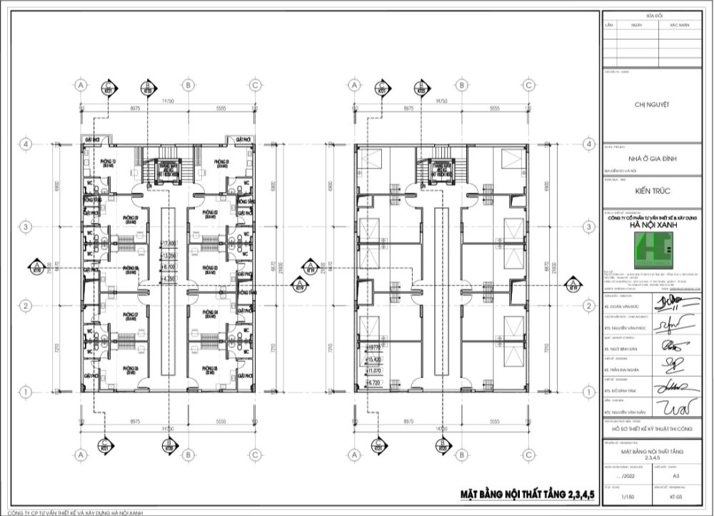 Mặt bằng nội thất tầng 2, 3, 4, 5 chung cư mini thiết kế có thang máy