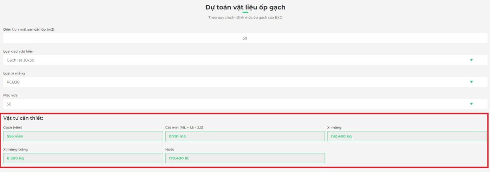 Công cụ dự toán vật liệu ốp tường