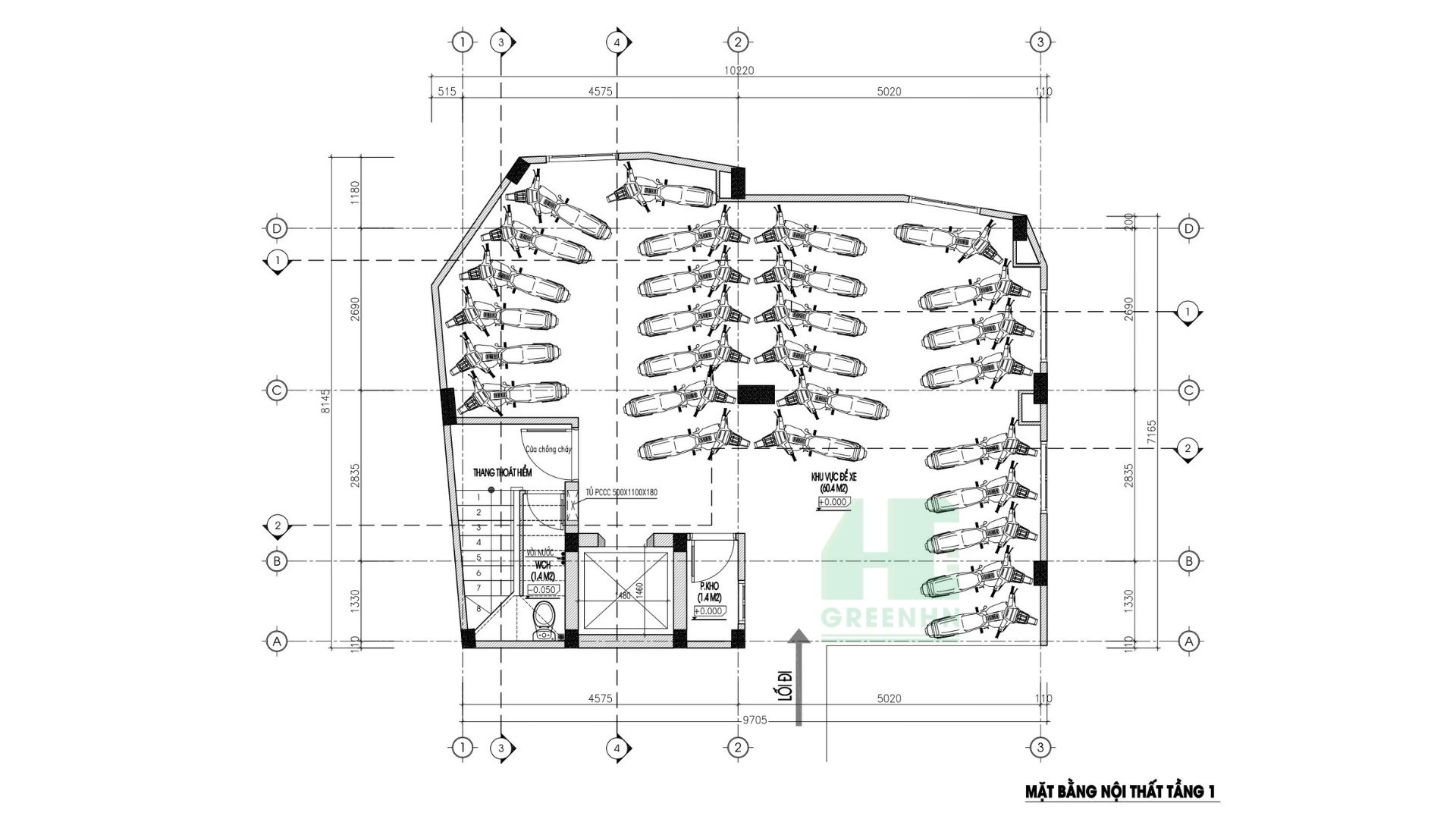 Bản vẽ chi tiết thiết kế chung cư mini 5 tầng 100m2 - Tầng 1