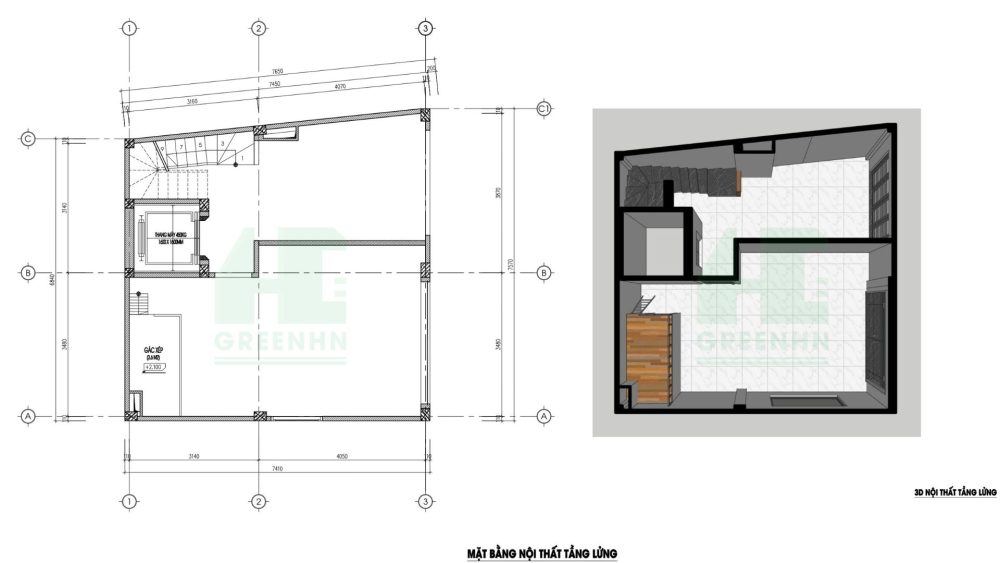 Mặt bằng nội thất tầng lửng nhà 50m2
