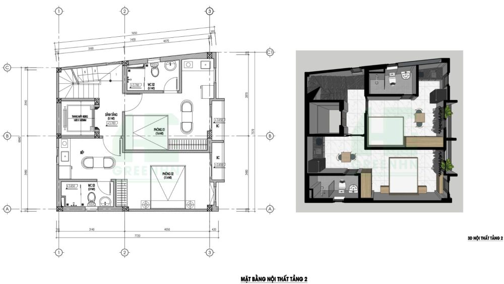 Bản vẽ công năng và phối cảnh 3d mặt bằng tầng 2