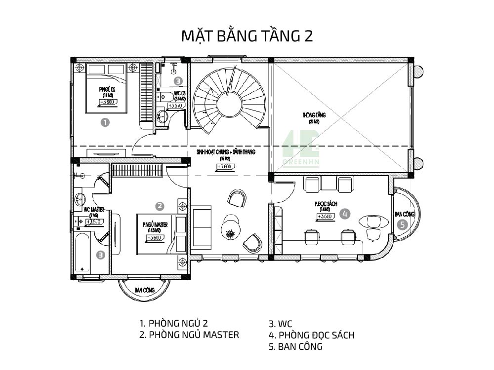 Mặt bằng công năng tầng 2 nhà anh Lộc Hưng Yên