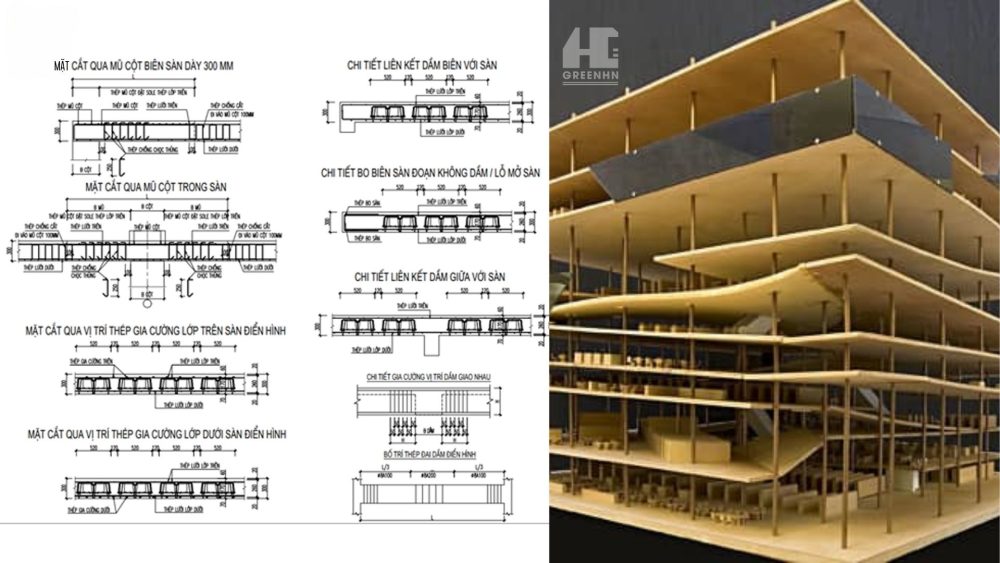 Mặt cắt thép khi thiết kế sàn phẳng không dầm