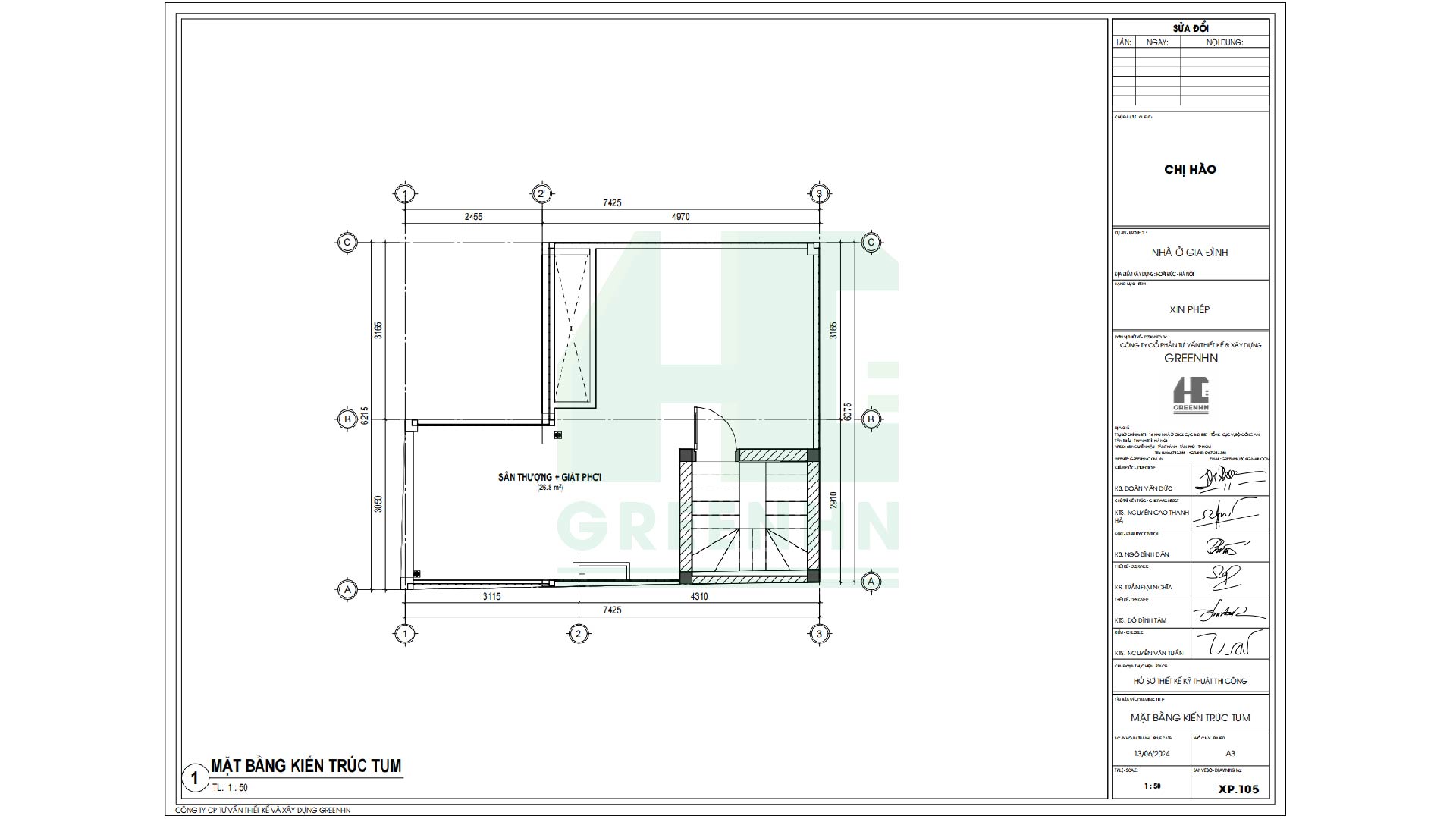 Bản vẽ xin phép xây dựng phần mặt bằng kiến trúc tầng tum