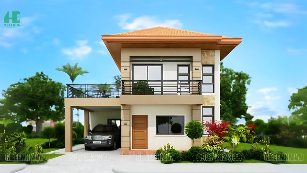 Nhà vuông 2 tầng có tầng hầm nổi