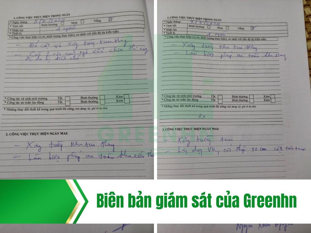 Mẫu biên bản giám sát thi công xây dựng hàng ngày của GreenHN