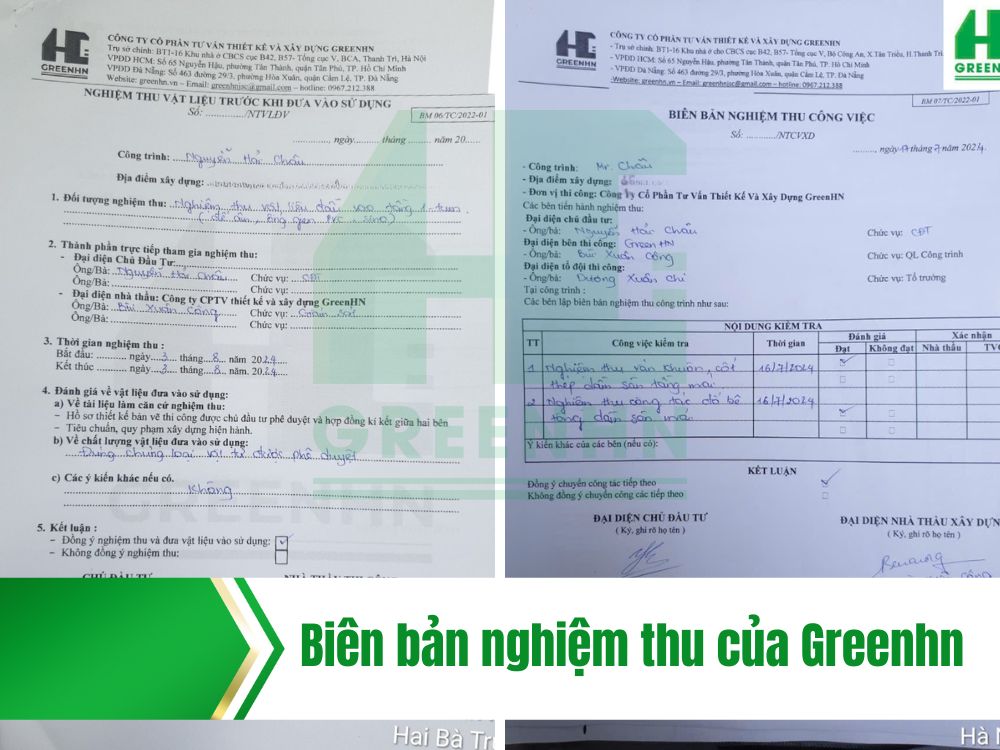 Biên bản nghiệm thu từng hạng mục của GreenHN