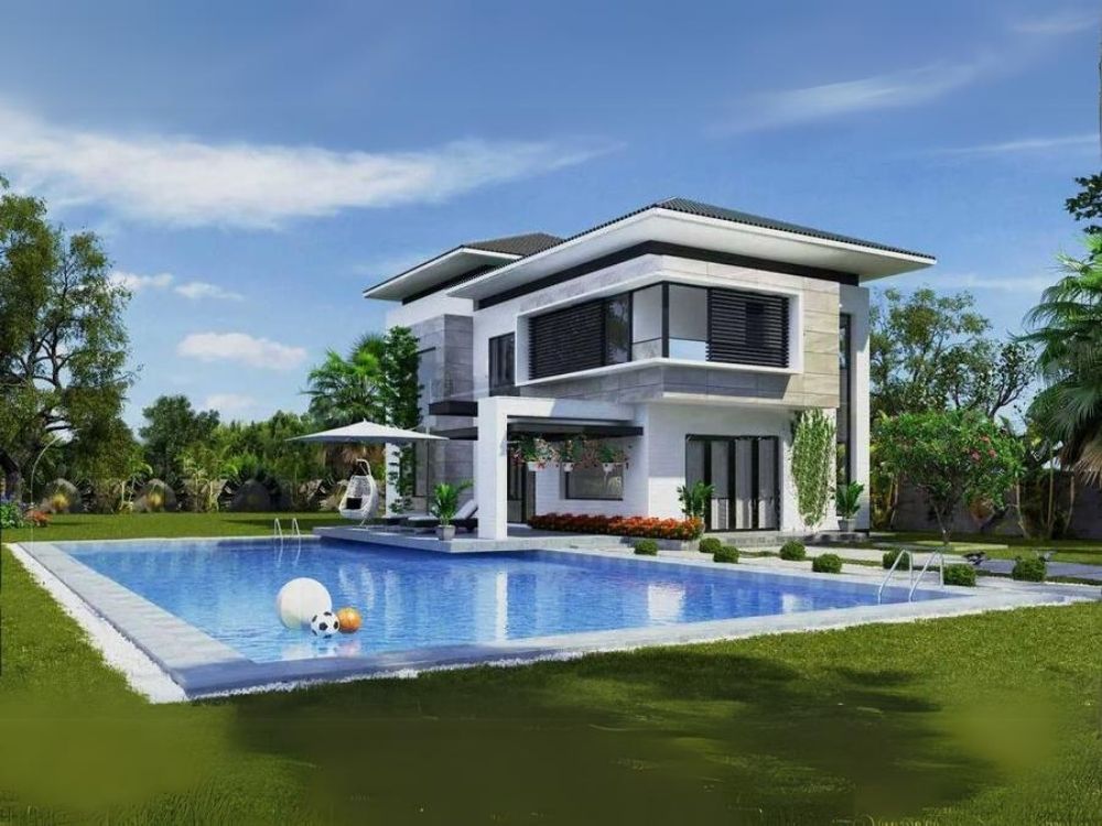 Hồ bơi trong xanh trong biệt thự mái Nhật