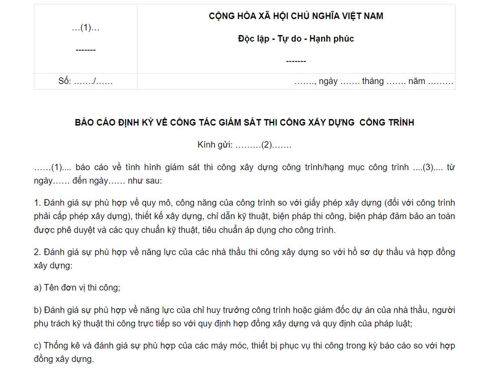 Mẫu báo cáo giám sát xây dựng thi công định kỳ