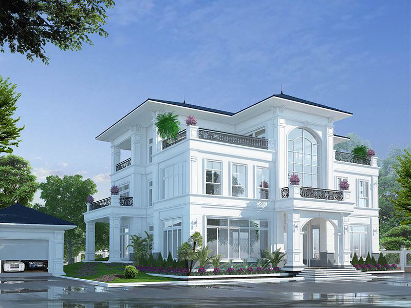 Biệt thự 3 tầng sang trọng với thiết kế hiện đại, màu trắng thanh lịch và khuôn viên xanh mát.