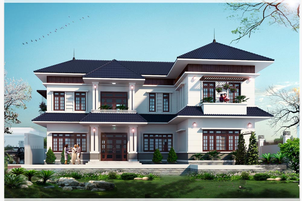 Biệt thự 2 tầng phong cách hiện đại, mái thái xanh đậm với không gian xanh mát, mang lại cảm giác gần gũi và thoải mái cho gia đình.