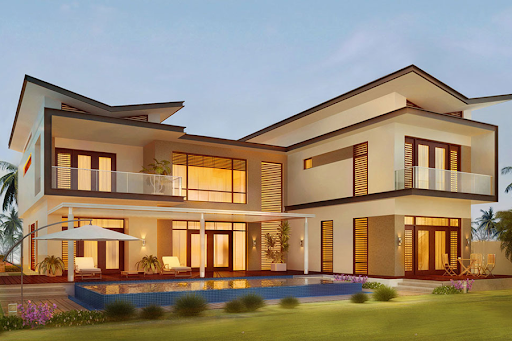 Biệt thự 2 tầng phong cách hiện đại với không gian mở, hồ bơi trước nhà và ánh sáng vàng ấm áp.