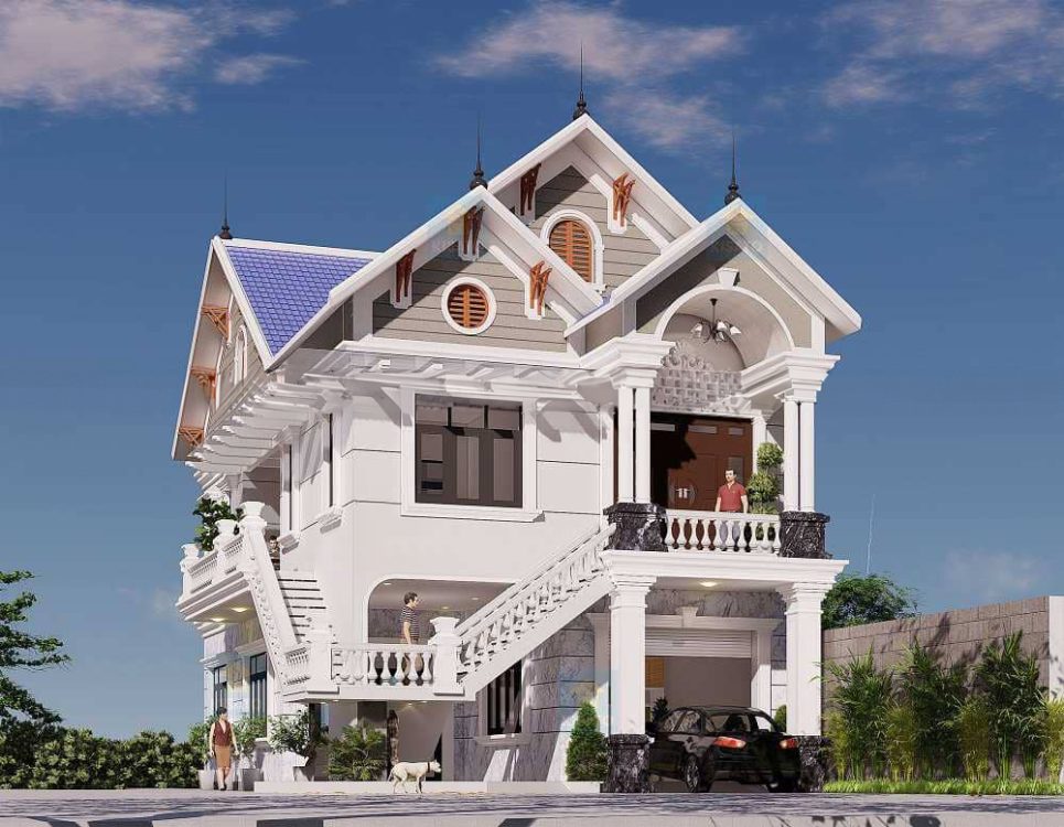 Biệt thự 2 tầng phong cách tân cổ điển, nổi bật với cầu thang ngoài trời và ban công rộng, mang lại vẻ đẹp truyền thống pha lẫn hiện đại.