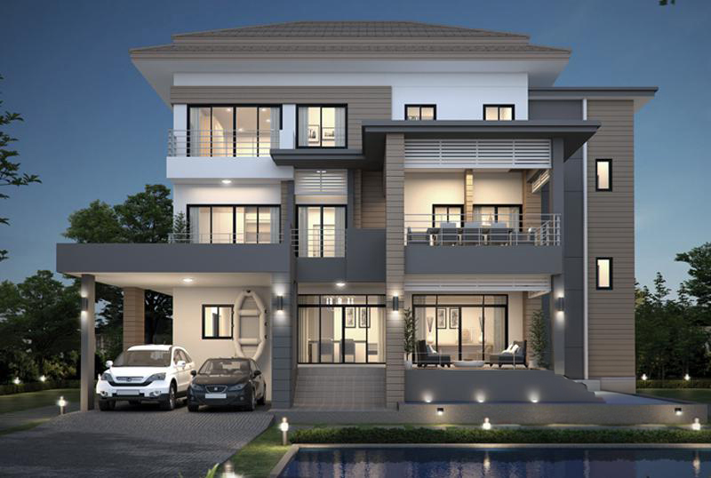 Biệt thự hiện đại 3 tầng với hình khối tối giản, ban công rộng và ánh sáng dịu nhẹ.