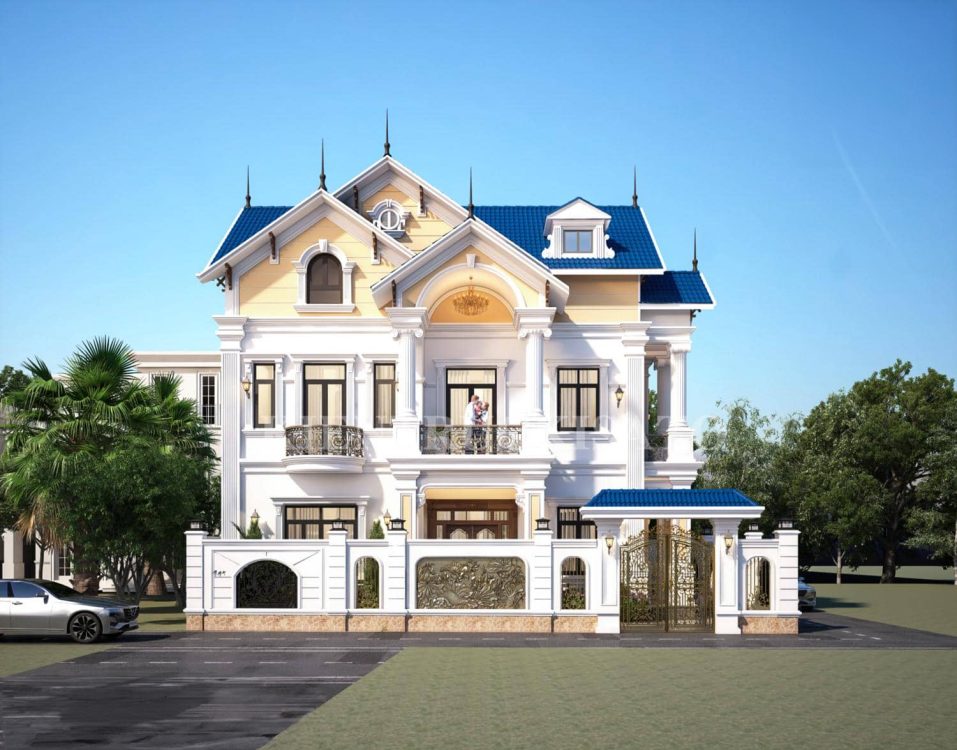 Biệt thự tân cổ điển 2 tầng, mái xanh đậm và tông trắng sang trọng, cửa sổ lớn.
