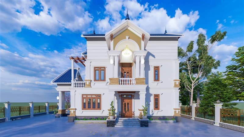 Biệt thự tân cổ điển 2 tầng với mái ngói xanh đen, thiết kế tinh tế và sang trọng, kết hợp cùng sân vườn rộng rãi tạo nên không gian sống đẳng cấp.
