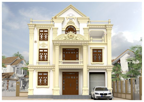 Biệt thự tân cổ điển 3 tầng màu vàng kem, chi tiết hoa văn tinh xảo và cửa gỗ sang trọng.