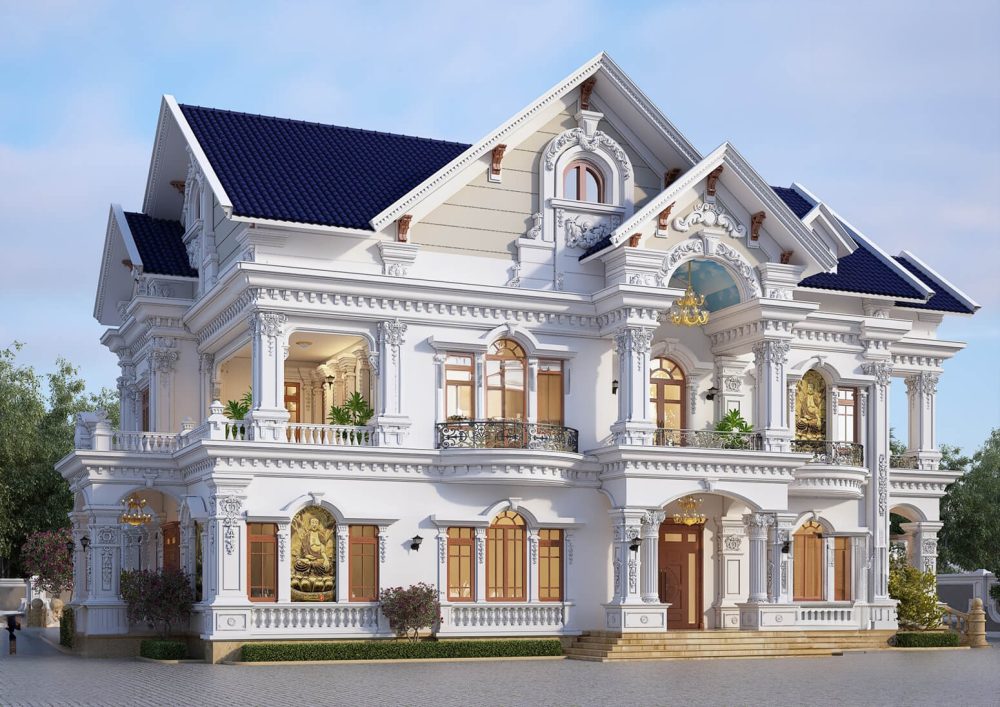 Biệt thự tân cổ điển kiểu lâu đài với các chi tiết hoa văn chạm khắc tinh xảo, tạo nên vẻ đẹp quý phái và đẳng cấp, thích hợp cho những gia đình yêu thích sự sang trọng.