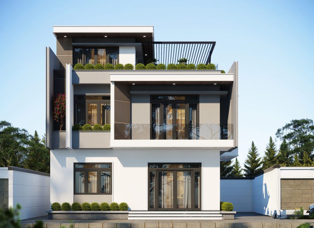Nhà phố hiện đại 3 tầng với hình khối vuông vắn, ban công rộng và cây xanh trang trí