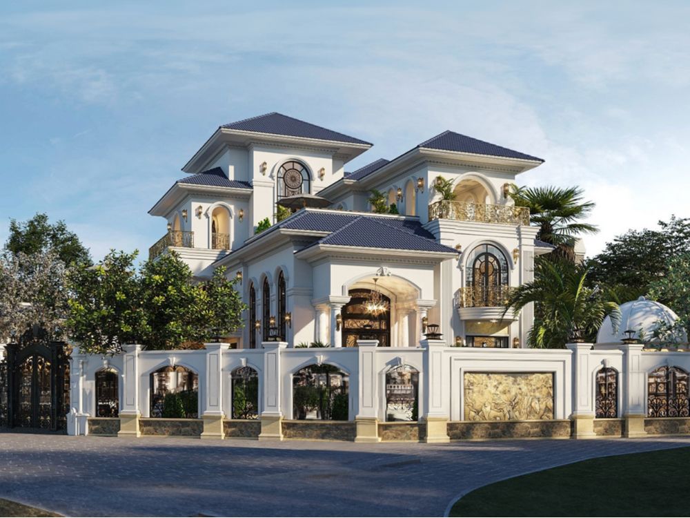 Biệt thự 2 mặt tiền vát góc với phong cách tân cổ kết hợp hệ mái Nhật 
