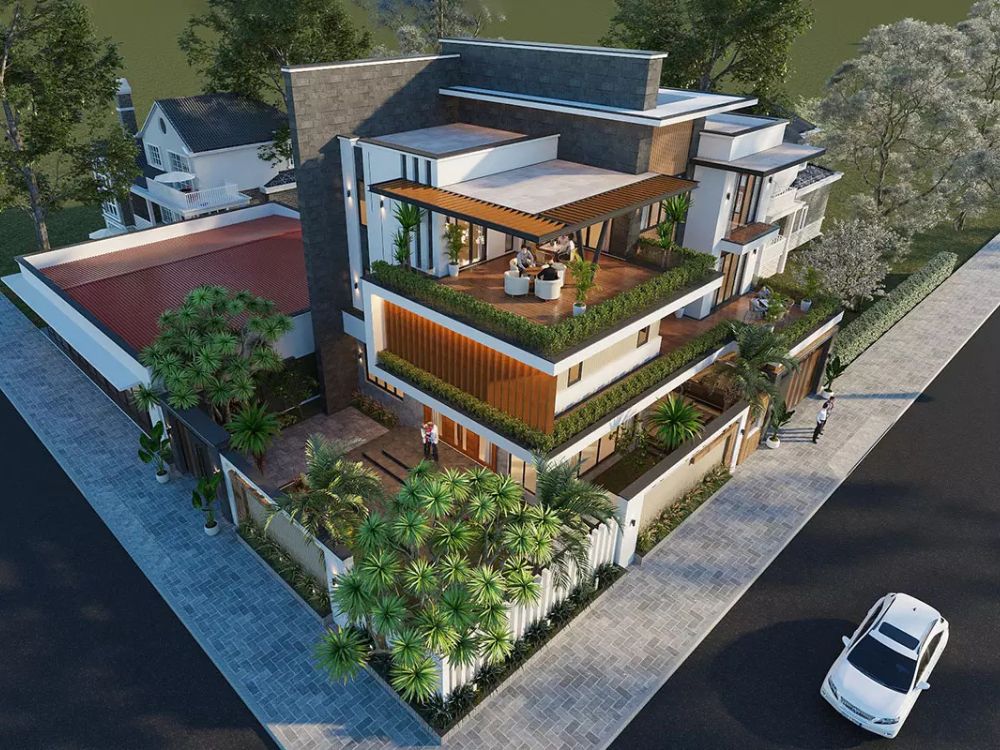 Mẫu nhà vát góc 2 mặt tiền thiết kế lệch tầng