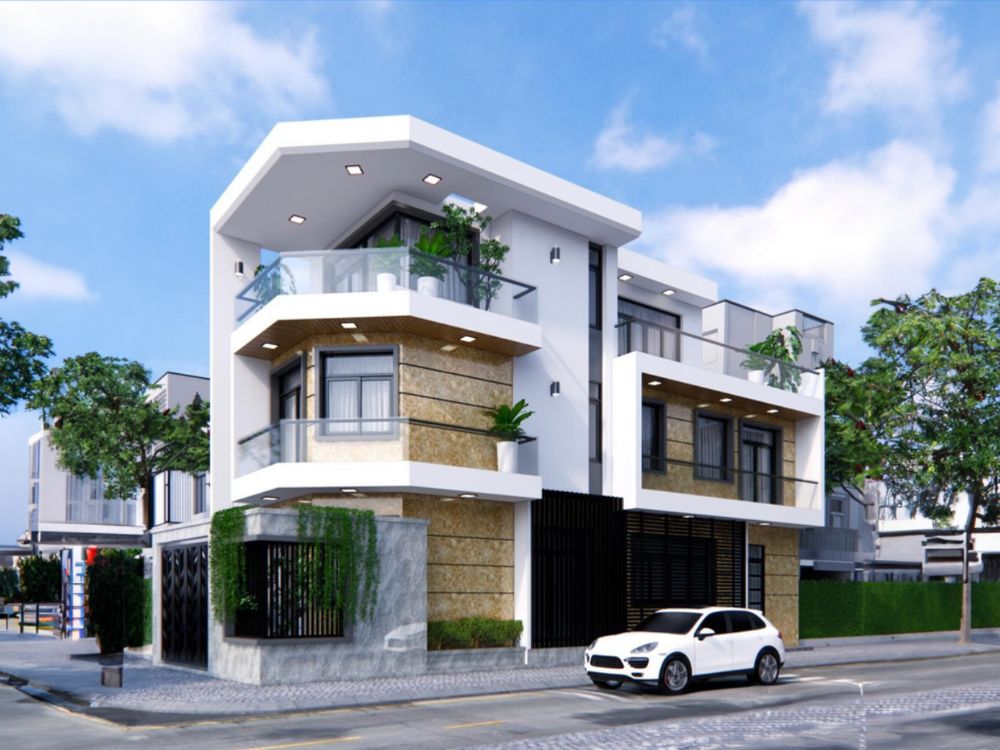 Thiết kế nhà giao lộ 2 mặt phố với ban công kính thoáng sáng