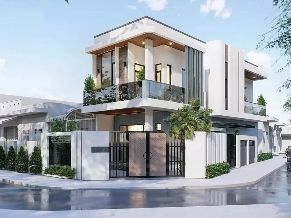Mẫu nhà vát góc hiện đại với thiết kế vuông vắn, tối giản