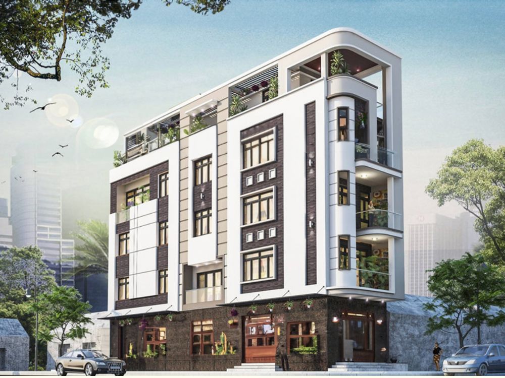 Mẫu nhà 2 mặt tiền vát góc 4 tầng tiện nghi