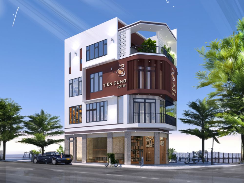 Nhà vát góc 2 mặt tiền phong cách hiện đại với các cửa sổ lớn