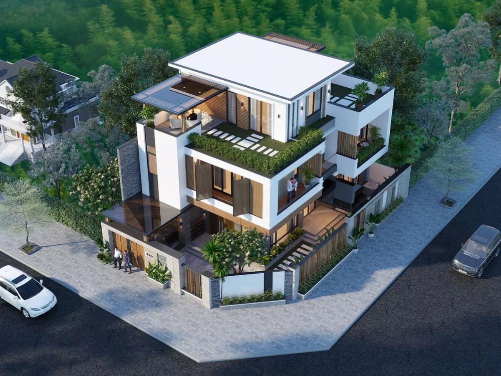 Mẫu nhà 2 mặt tiền có sân vườn xanh mát