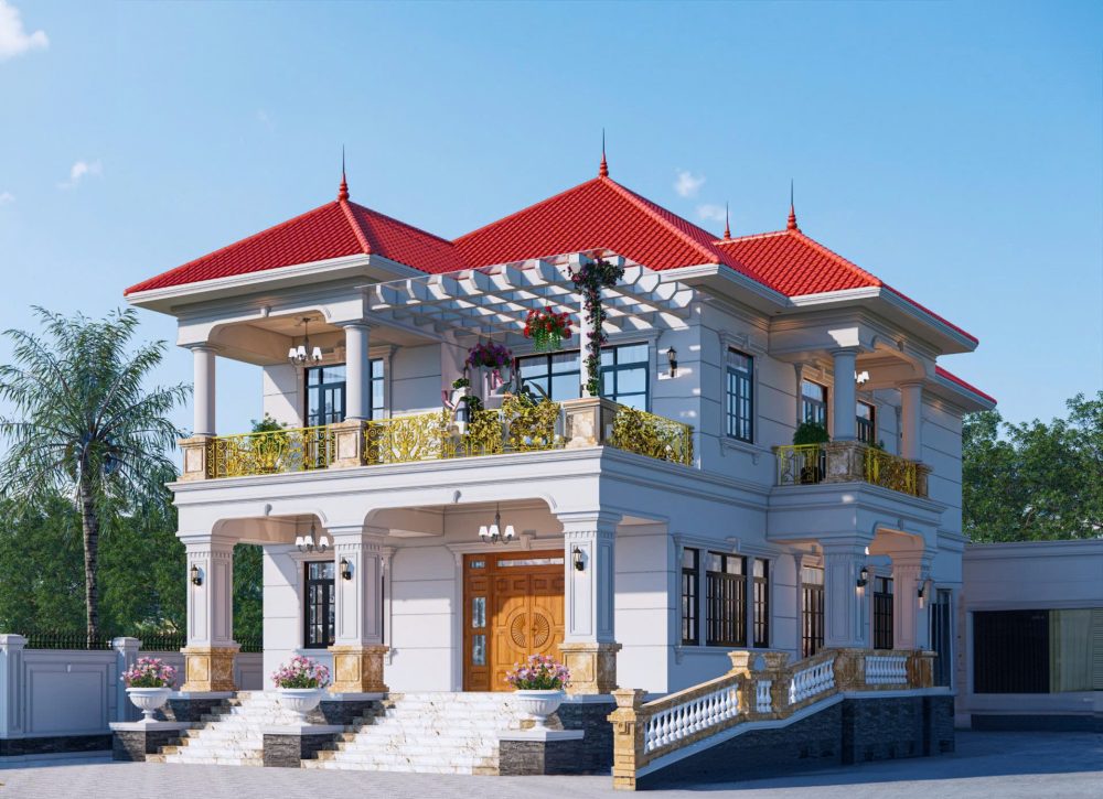 Biệt thự 2 tầng màu trắng, mái đỏ nổi bật, ban công rộng với lan can vàng và cột trụ lớn sang trọng.