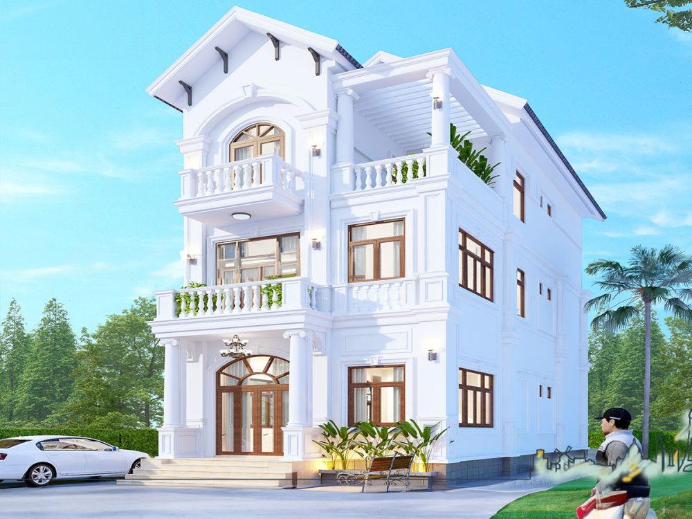 Biệt thự 3 tầng màu trắng phong cách Bắc Âu, ban công rộng thoáng.