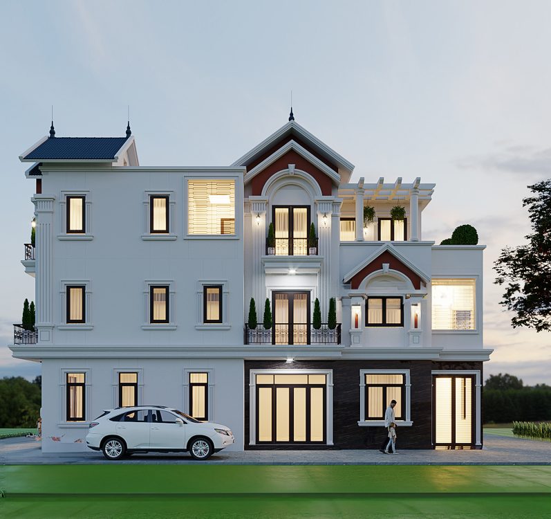 Biệt thự hiện đại 3 tầng, tông trắng, cửa kính lớn và thiết kế đối xứng ấn tượng.