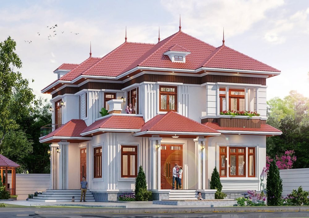 Biệt thự 2 tầng, mái dốc đỏ, thiết kế hiện đại với cửa kính và ban công xanh mát.