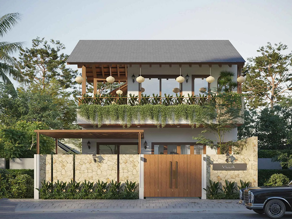 Biệt thự nhà vườn 300m2 với cây xanh và vật liệu tự nhiên, mang lại không gian sống thoải mái