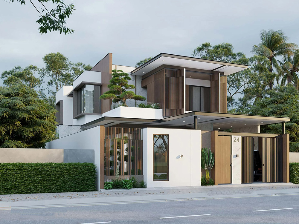 Biệt thự nhà vườn 300m² phong cách hiện đại kết hợp các yếu tố thiết kế nội thất hiện đại, đem lại không gian sống tiện nghi và sang trọng