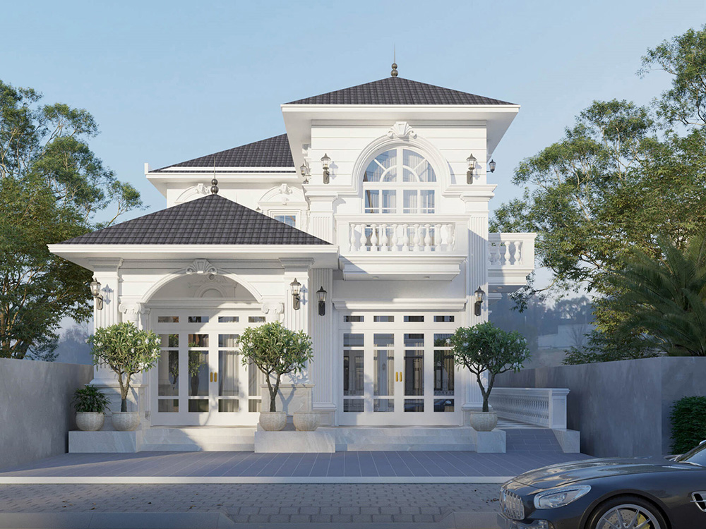 Biệt thự 300m2 tân cổ điển với mặt tiền sang trọng, cửa sổ lớn và sân vườn xanh mát, hoàn hảo cho không gian sống thoải mái
