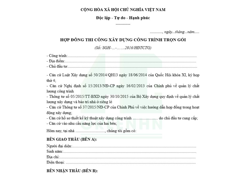 Mẫu hợp đồng thi công xây dựng nhà ở trọn gói