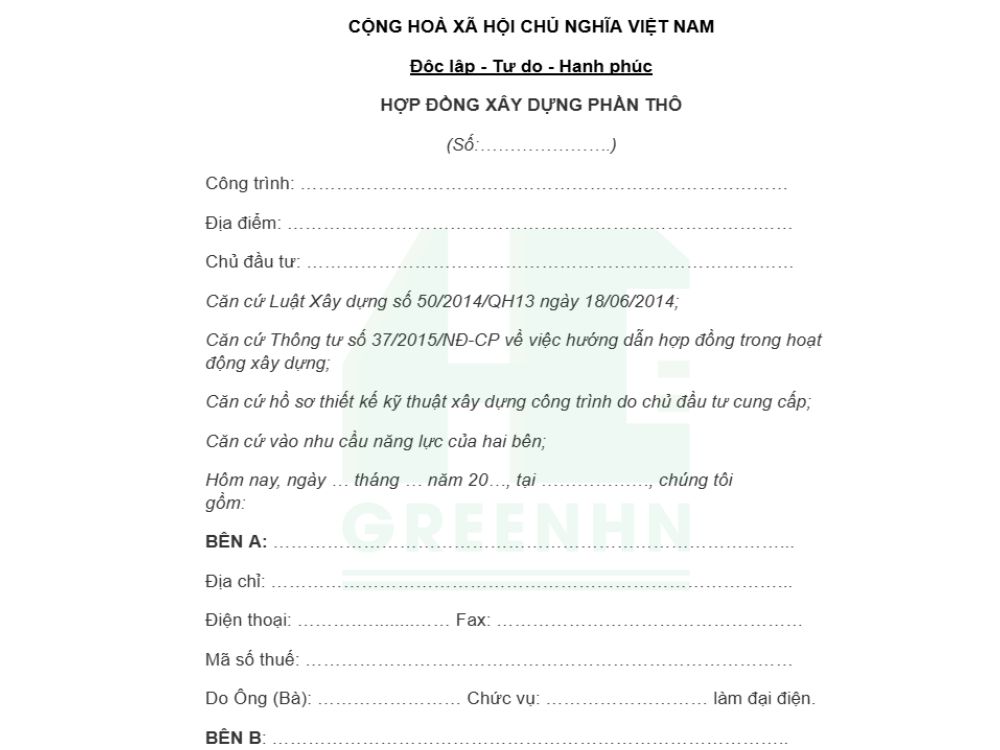 Mẫu hợp đồng xây dựng phần thô