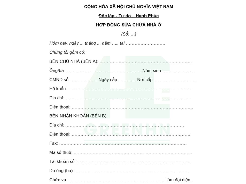 Mẫu hợp đồng thi công sửa chữa nhà ở