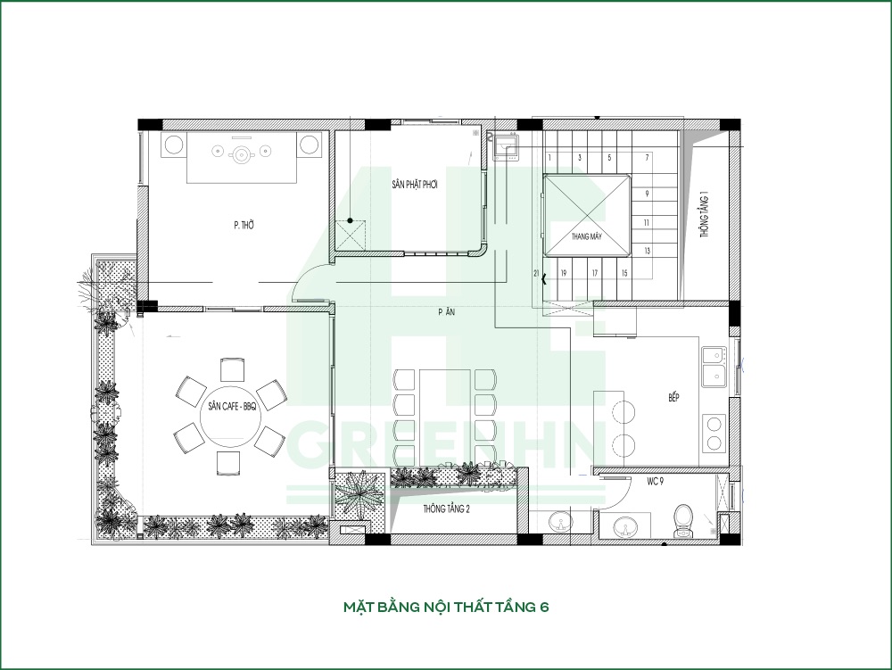 Mặt bằng công năng nhà phố kinh doanh tầng 6