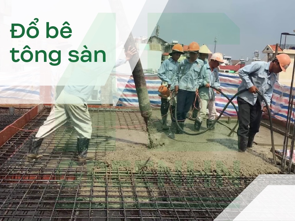 Đổ bê tông sàn dự ứng lực phủ kín toàn bộ cáp và cốt thép