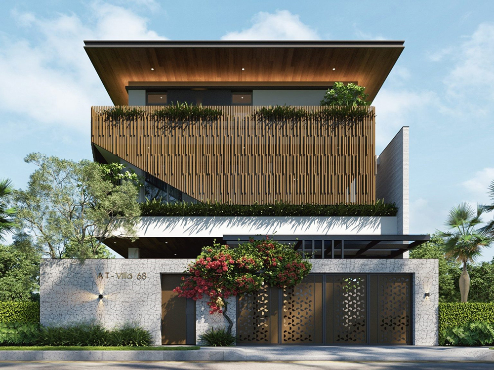 Biệt thự nhà vườn 400m² mẫu 2 với thiết kế tối giản và cửa kính lớn tạo không gian thoáng đãng.