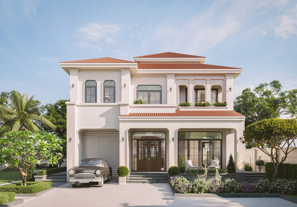 Hình ảnh mẫu biệt thự nhà vườn 500m² với khu vườn mang đậm phong cách Địa Trung Hải, kết hợp các lối đi uốn lượn, cây xanh và tiểu cảnh, tạo nên không gian gần gũi thiên nhiê