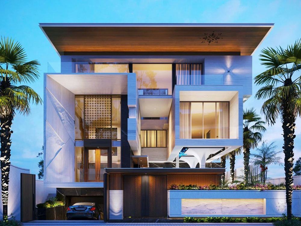 Biệt thự nhà vườn 400m² mẫu 1 phong cách hiện đại, với cửa sổ lớn, không gian thoáng đãng.